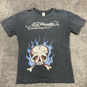 Ed Hardy By Christian Audigier Skull Flames Graphic T-Shirt Men's L Black Y2K